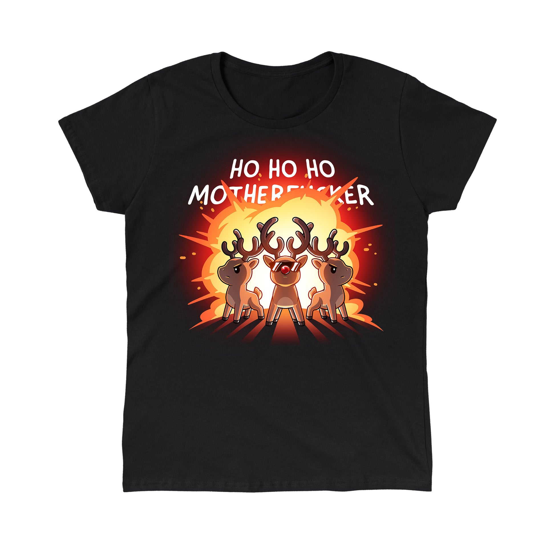 Classic Cotton T-shirt_TeeTurtle black Ho Ho Ho Mother***ker apparel featuring three reindeer with an explosion behind them.