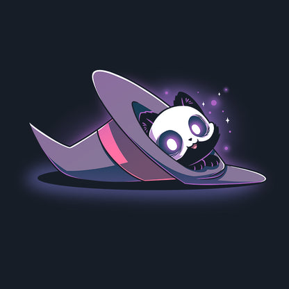 Long Sleeve T-shirt_TeeTurtle navy blue Hocus Purrcus apparel featuring a black cat with a skeleton mask peeking out of a purple witch hat lying on its side.