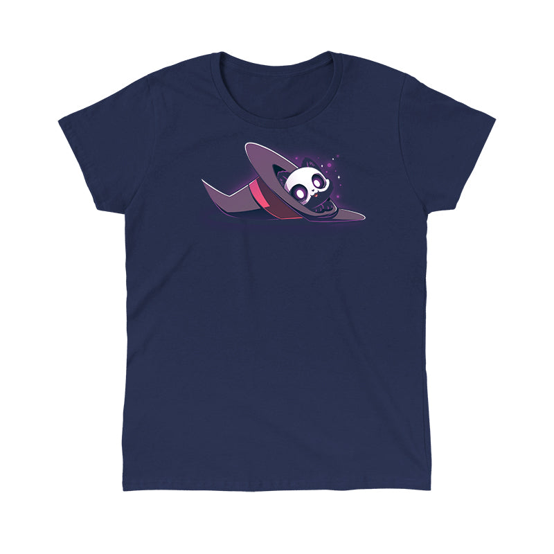 Classic Cotton T-shirt_TeeTurtle navy blue Hocus Purrcus apparel featuring a black cat with a skeleton mask peeking out of a purple witch hat lying on its side.