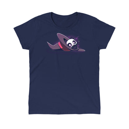Classic Cotton T-shirt_TeeTurtle navy blue Hocus Purrcus apparel featuring a black cat with a skeleton mask peeking out of a purple witch hat lying on its side.