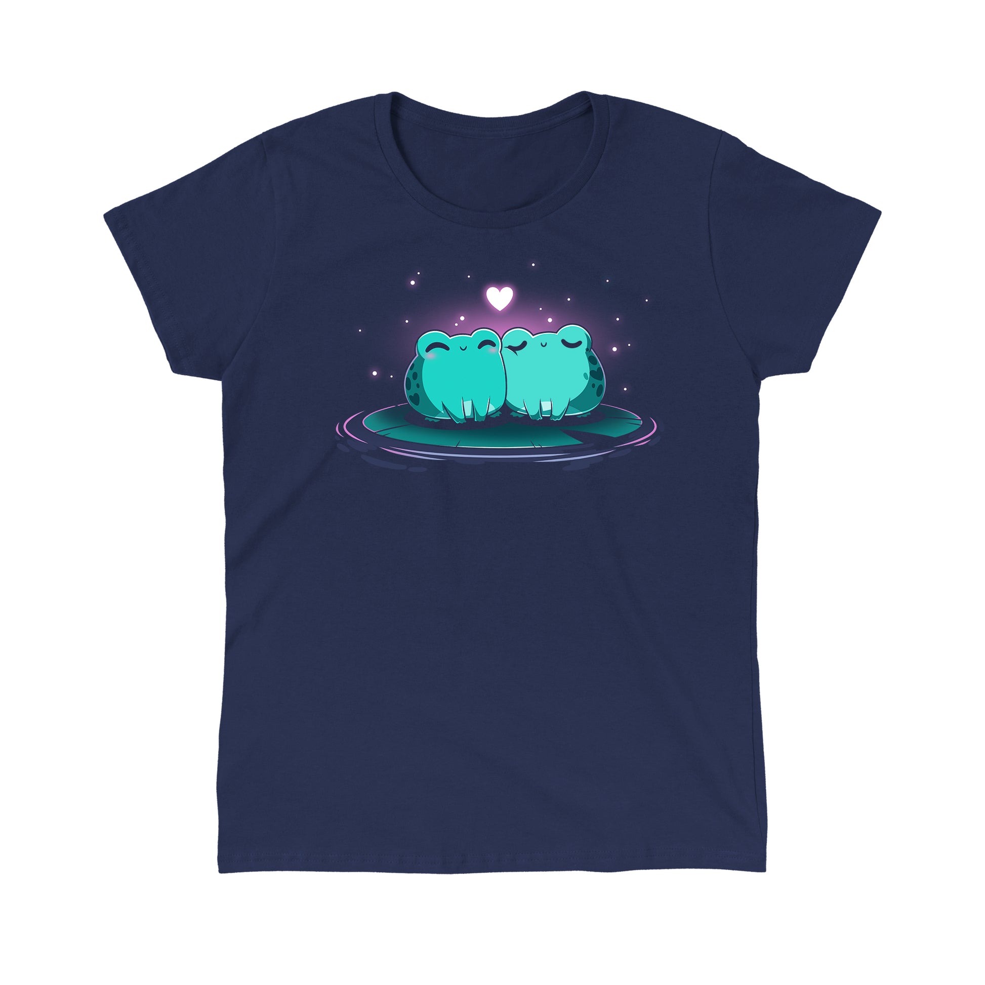 Classic Cotton T-shirt_TeeTurtle Hoppy Together navy blue t-shirt featuring two cute green frogs sitting together on a lily pad, surrounded by glowing stars with a floating heart above them.