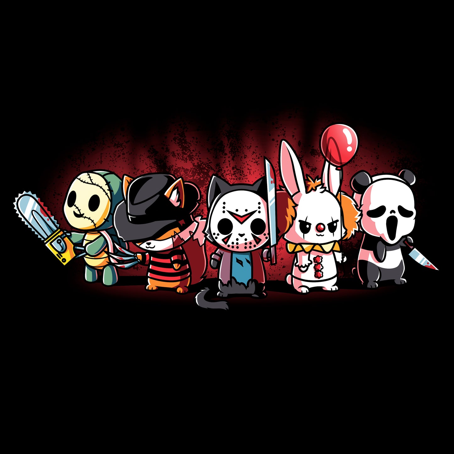 Classic Cotton T-shirt_TeeTurtle black Horror Crew. Featuring several animals dressed up as famous horror media characters.