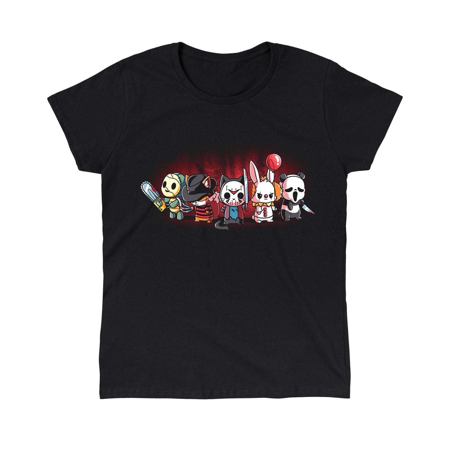 Classic Cotton T-shirt_TeeTurtle black Horror Crew. Featuring several animals dressed up as famous horror media characters.