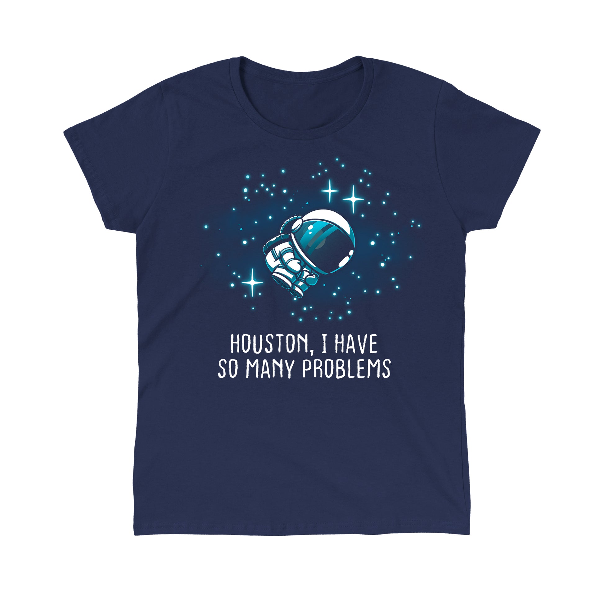 Classic Cotton T-shirt_TeeTurtle navy blue Houston, I Have So Many Problems t-shirt featuring an anxious astronaut floating in space.