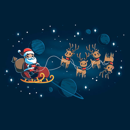 Long Sleeve T-shirt_TeeTurtle navy blue Houston, We Have a Santa apparel featuring Santa Claus on a sleigh with his reindeer floating in space with plants and stars in the background.