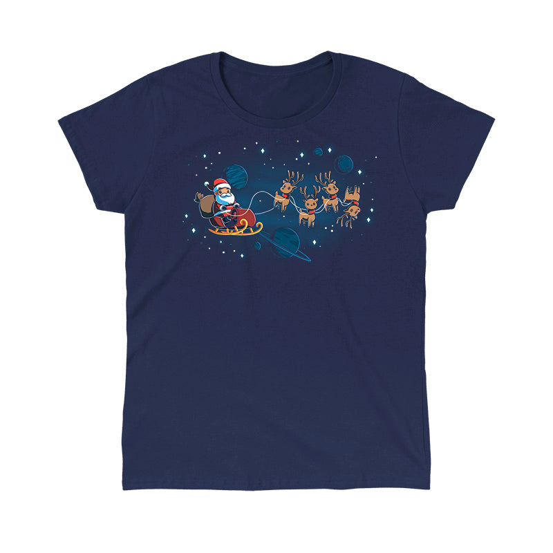 Classic Cotton T-shirt_TeeTurtle navy blue Houston, We Have a Santa apparel featuring Santa Claus on a sleigh with his reindeer floating in space with plants and stars in the background.