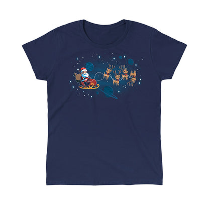 Classic Cotton T-shirt_TeeTurtle navy blue Houston, We Have a Santa apparel featuring Santa Claus on a sleigh with his reindeer floating in space with plants and stars in the background.