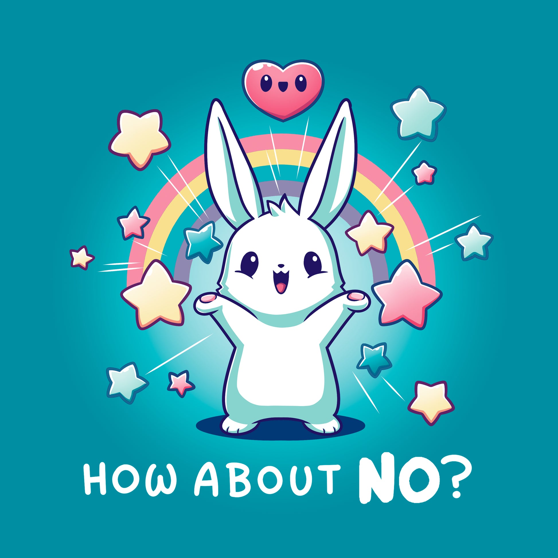 Classic Cotton T-shirt_TeeTurtle How About No? tropical blue t-shirt featuring a happy bunny with stars, hearts and rainbows. The text reads, "How About No?"