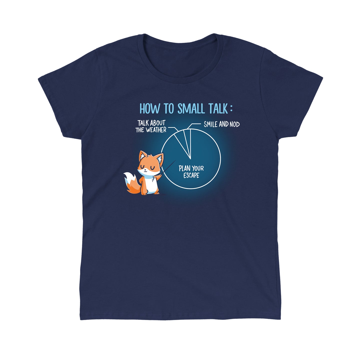 Classic Cotton T-shirt_TeeTurtle How to Small Talk navy blue t-shirt featuring an introverted fox pointing at a pie chart with three segments explaining small talk.