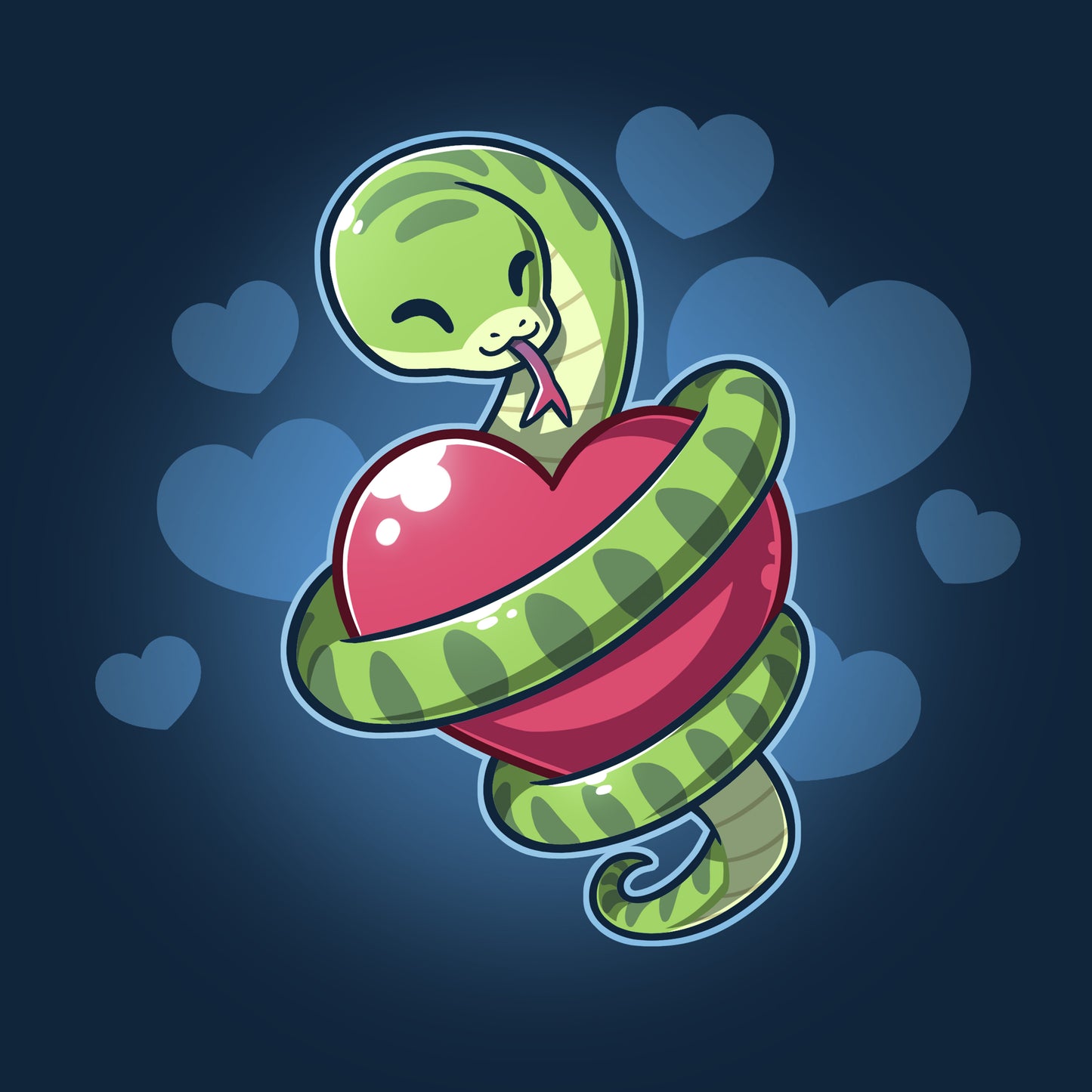 Classic Cotton T-shirt_TeeTurtle  navy blue Hugs and Hisses apparel featuring a green snake coiled around a red heart with blue hearts in the background.