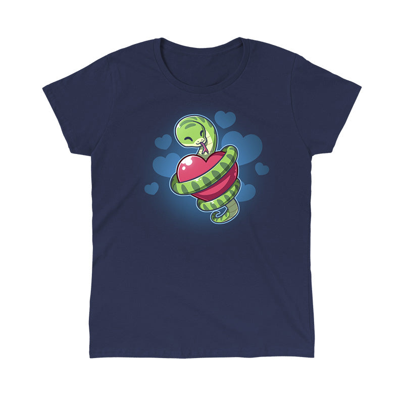 Classic Cotton T-shirt_TeeTurtle  navy blue Hugs and Hisses apparel featuring a green snake coiled around a red heart with blue hearts in the background.