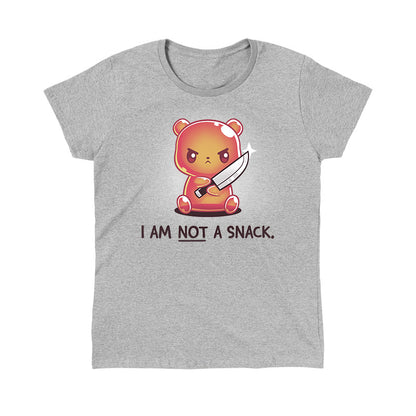 Classic Cotton T-shirt_TeeTurtle I Am Not A Snack heather gray t-shirt featuring a semi-translucent orange gummy bear holding a large kitchen knife looking angry. Beneath it there's text saying "I am not a snack"