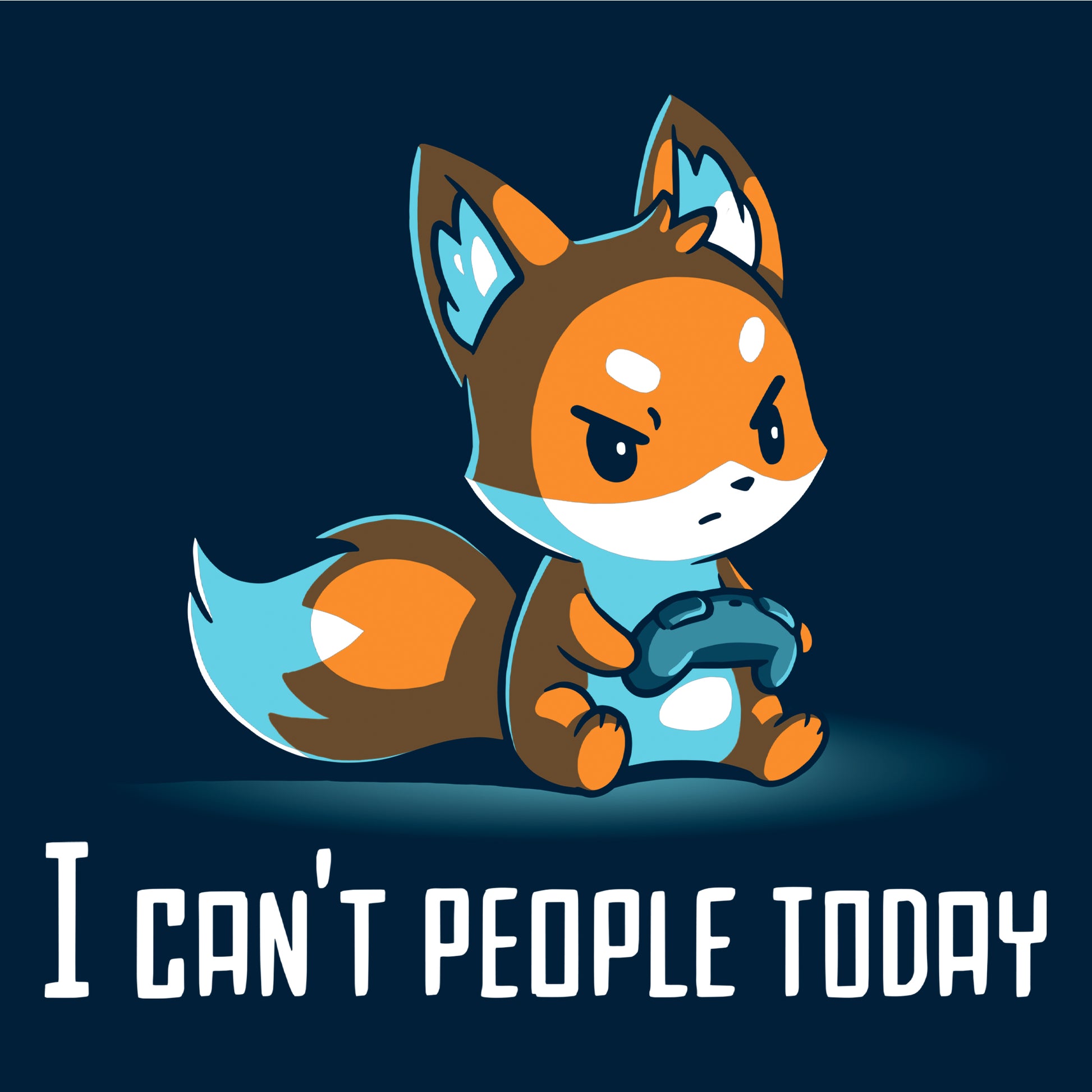 Long Sleeve T-shirt_TeeTurtle I Can't People Today navy blue t-shirt featuring an annoyed fox holding a video game controller with the text "I can't people today" below.