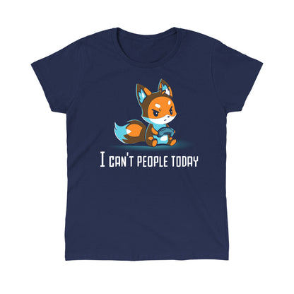 Classic Cotton T-shirt_TeeTurtle I Can't People Today navy blue t-shirt featuring an annoyed fox holding a video game controller with the text "I can't people today" below.