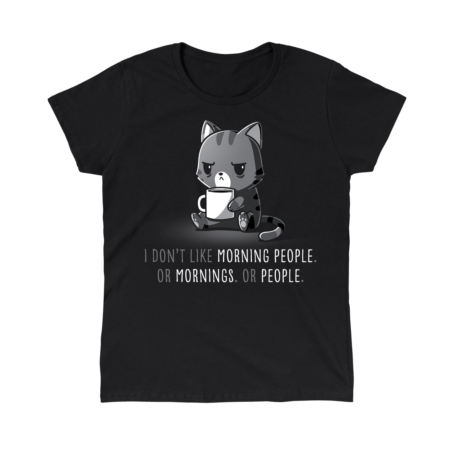 Classic Cotton T-shirt_TeeTurtle black I Don’t Like Morning People. Or Mornings. Or People.. Featuring a grumpy black cat holding a cup of coffee.