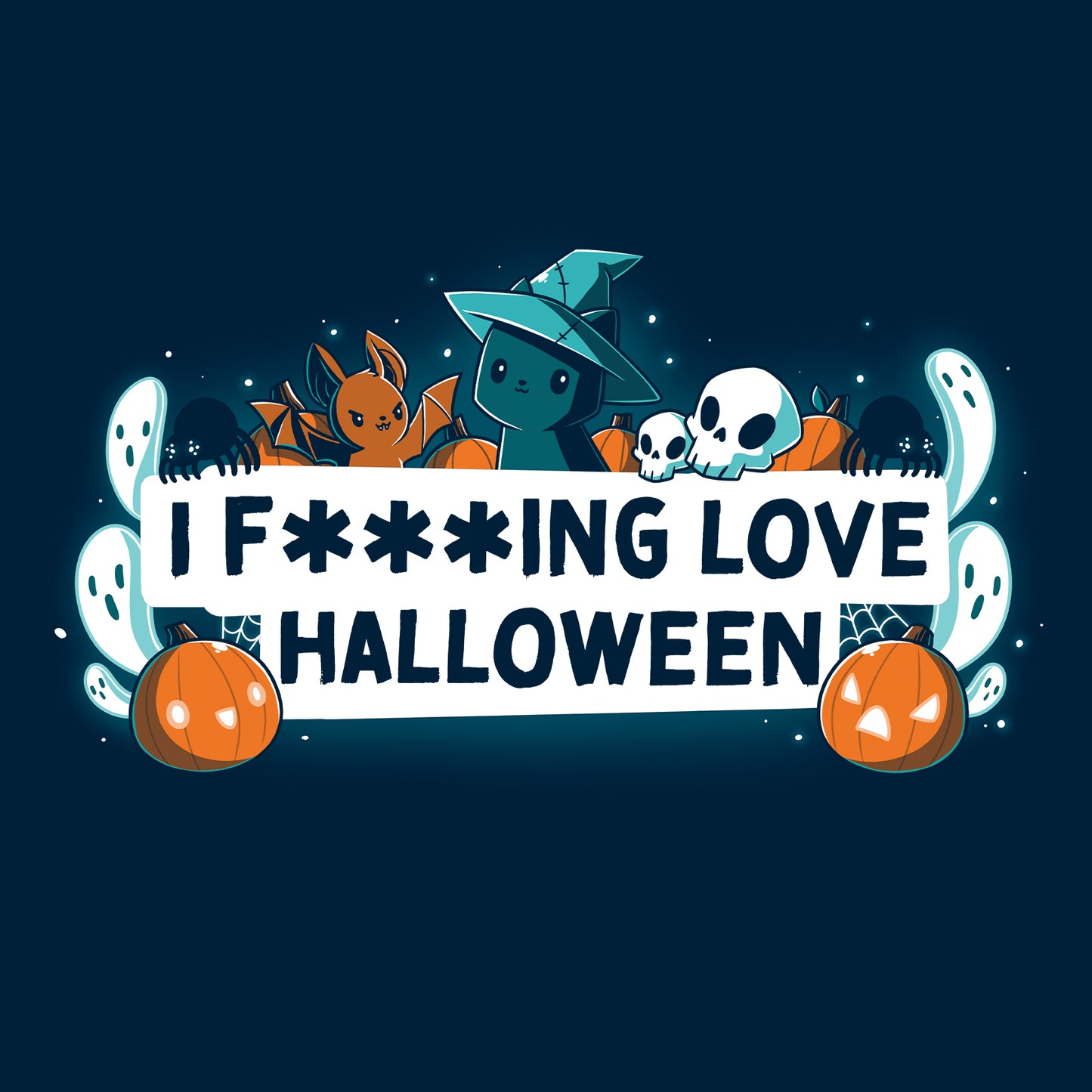 Classic Cotton T-shirt_TeeTurtle I F***ing Love Halloween navy blue t-shirt featuring the words "I F***ING LOVE HALLOWEEN" written in a black font on a white background surrounded by white ghosts, a black cat wearing a witch's hat, black spiders, pumpkins and jack-o-lanterns, white skulls and an evil bunny with bat wings.