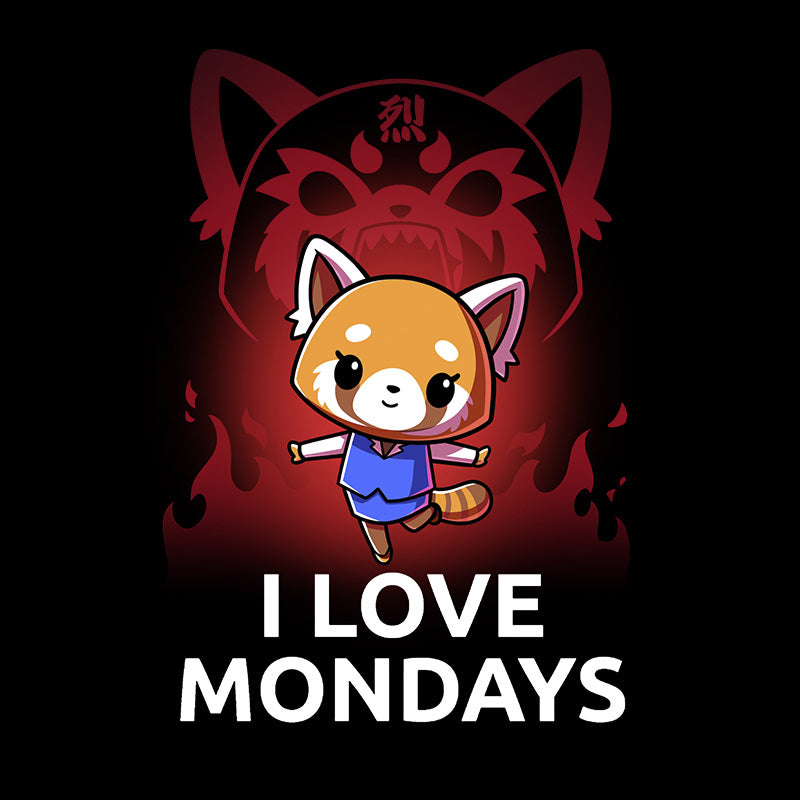 Classic Cotton T-shirt_TeeTurtle black I Love Mondays apparel featuring Retsuko in a happy pose with a red enraged spirit projection of her in the background, and the caption, “I Love Mondays“.
