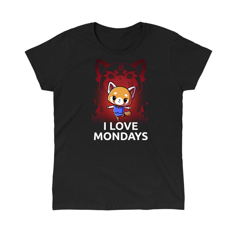 Classic Cotton T-shirt_TeeTurtle black I Love Mondays apparel featuring Retsuko in a happy pose with a red enraged spirit projection of her in the background, and the caption, “I Love Mondays“.