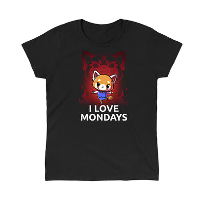 Classic Cotton T-shirt_TeeTurtle black I Love Mondays apparel featuring Retsuko in a happy pose with a red enraged spirit projection of her in the background, and the caption, “I Love Mondays“.