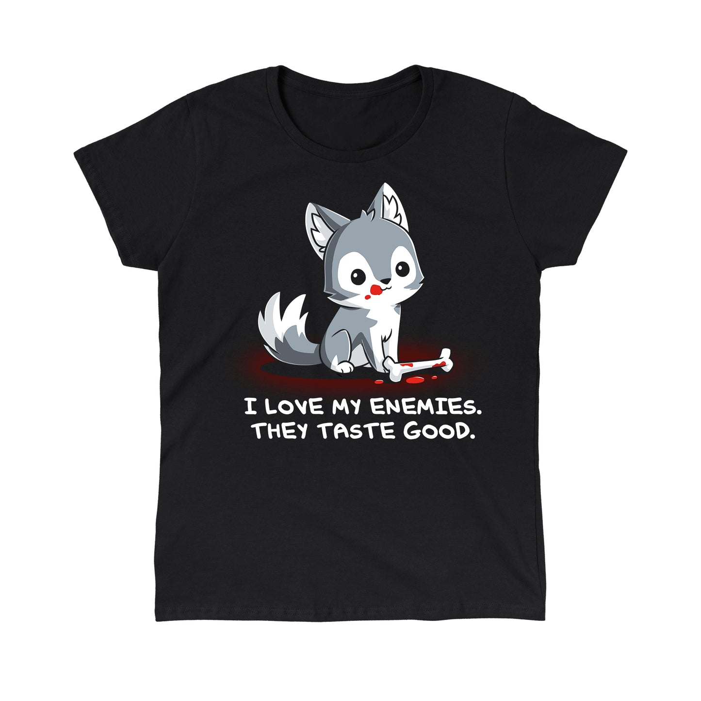 Classic Cotton T-shirt_TeeTurtle I Love My Enemies black t-shirt featuring wolf with blood on its muzzle holding a bone, accompanied by the text "I Love My Enemies. They Taste Good."