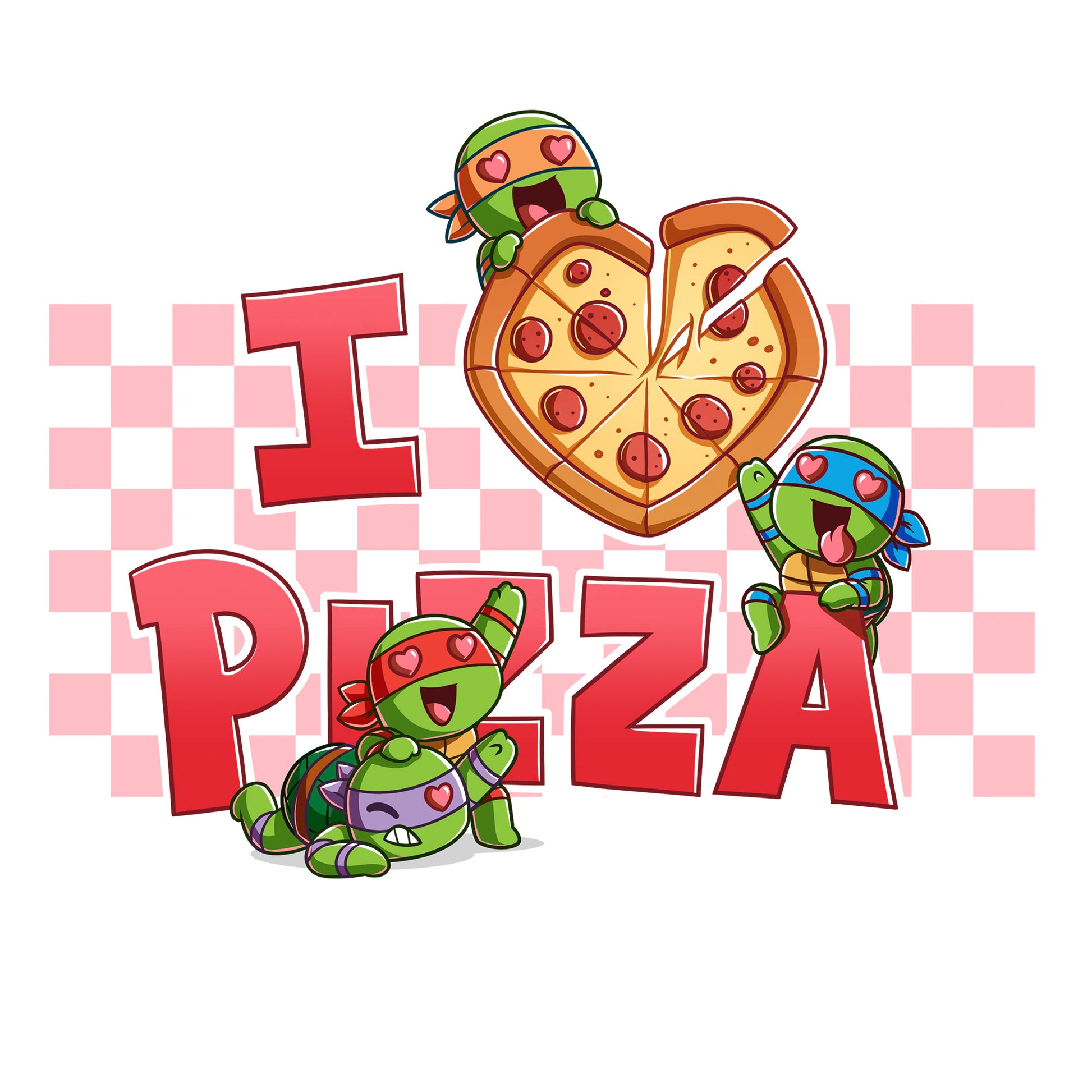 Pullover Hoodie_TeeTurtle white I Love Pizza apparel featuring the caption, “I Heart Pizza“, with the heart as a heart-shaped pizza, and Leonardo, Michelangelo, Donatello, and Raphael with heart eyes fighting over the pizza.