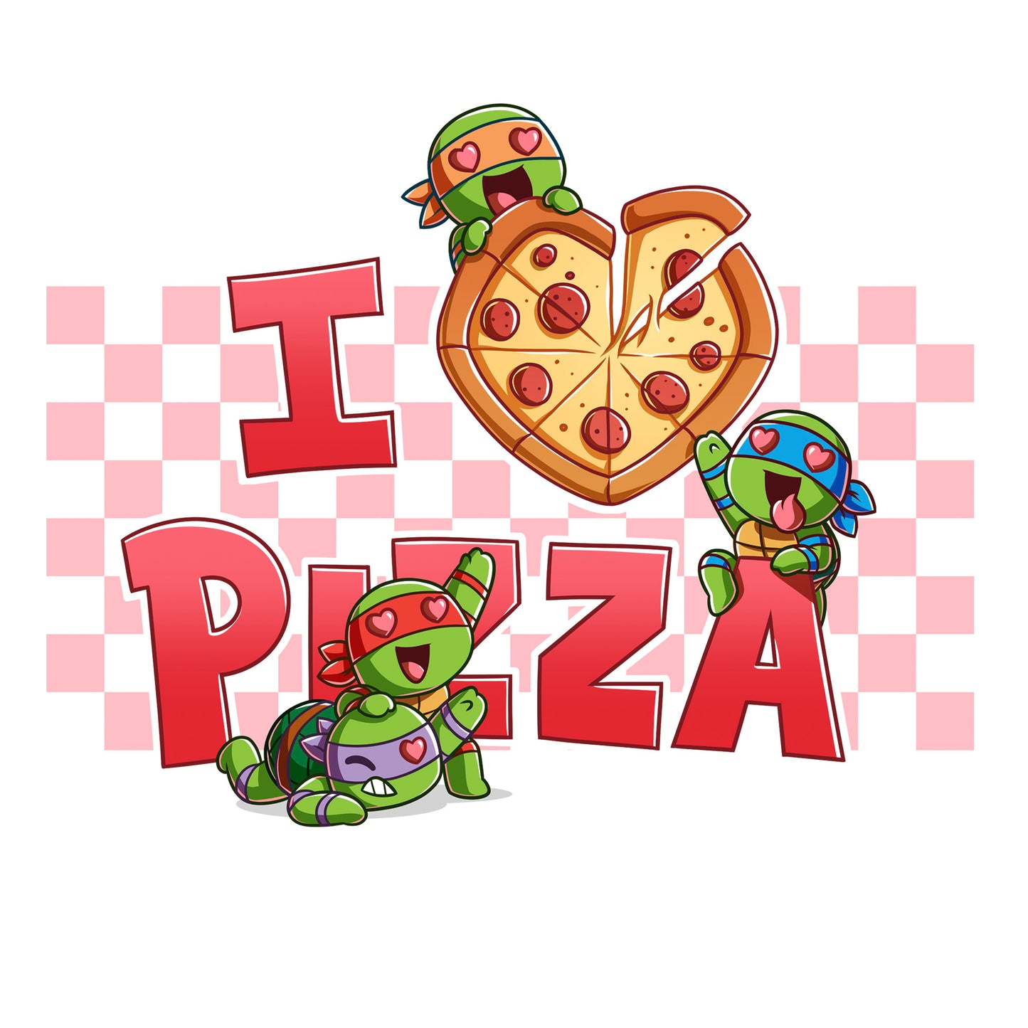 Long Sleeve T-shirt_TeeTurtle white I Love Pizza apparel featuring the caption, “I Heart Pizza“, with the heart as a heart-shaped pizza, and Leonardo, Michelangelo, Donatello, and Raphael with heart eyes fighting over the pizza.
