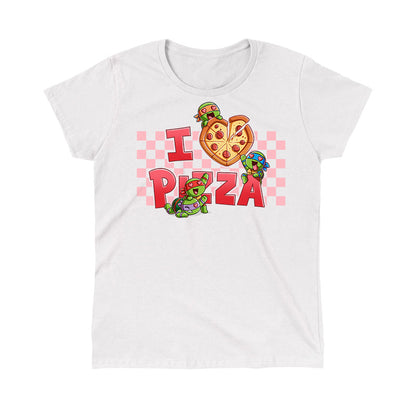 Classic Cotton T-shirt_TeeTurtle white I Love Pizza apparel featuring the caption, “I Heart Pizza“, with the heart as a heart-shaped pizza, and Leonardo, Michelangelo, Donatello, and Raphael with heart eyes fighting over the pizza.