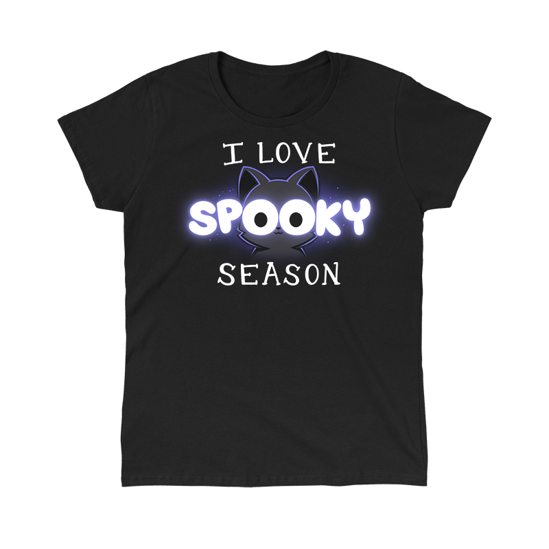 Classic Cotton T-shirt_TeeTurtle black I Love Spooky Season apparel featuring the caption, "I Love Spooky Season" with the two Os formed by the large eyes of a black cat.