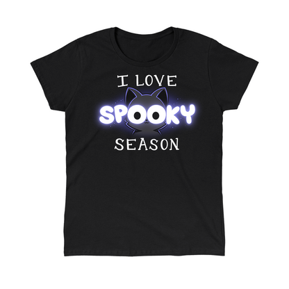 Classic Cotton T-shirt_TeeTurtle black I Love Spooky Season apparel featuring the caption, "I Love Spooky Season" with the two Os formed by the large eyes of a black cat.