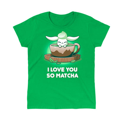 Classic Cotton T-shirt_Teeturtle I Love You So Matcha Irish green t-shirt featuring a cute little white-furred bunny peeking out of a cup of Matcha Tea with 'I Love You So Matcha' beneath.