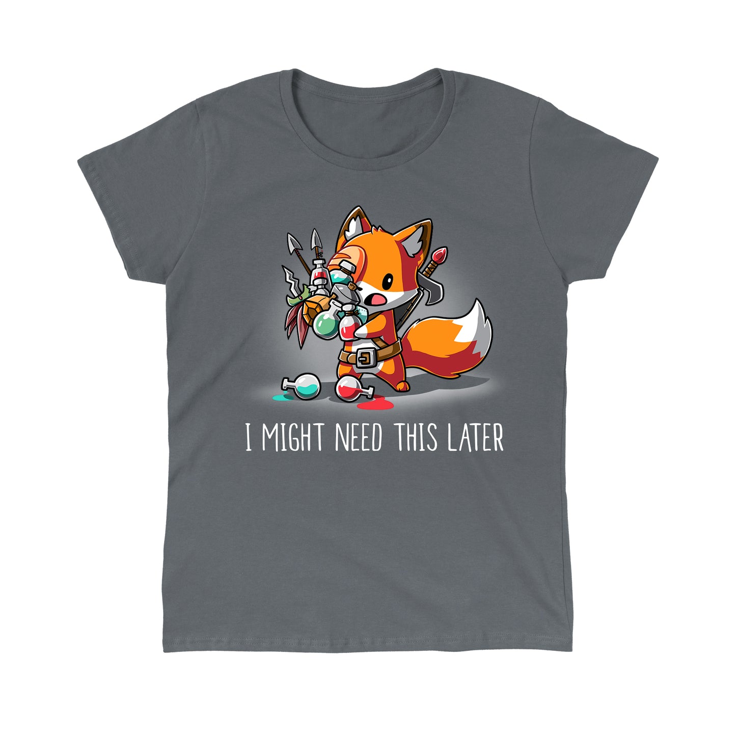 Classic Cotton T-shirt_TeeTurtle I Might Need This Later charcoal featuring a fantasy fox carrying multiple potions and arrows