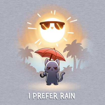 Pullover Hoodie_TeeTurtle heather gray I Prefer Rain featuring a grumpy cat holding an umbrella with the sun shining overhead.