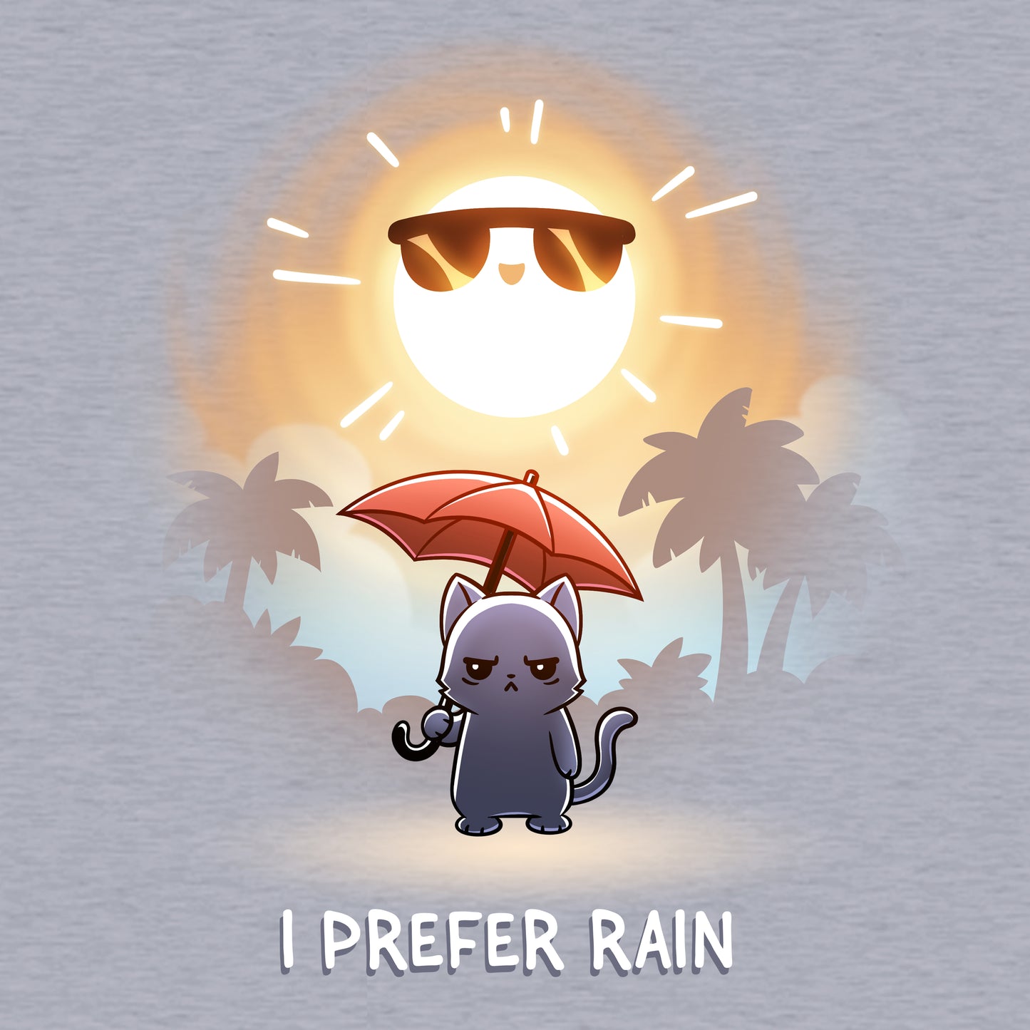 Crew Neck Sweatshirt_TeeTurtle heather gray I Prefer Rain featuring a grumpy cat holding an umbrella with the sun shining overhead.