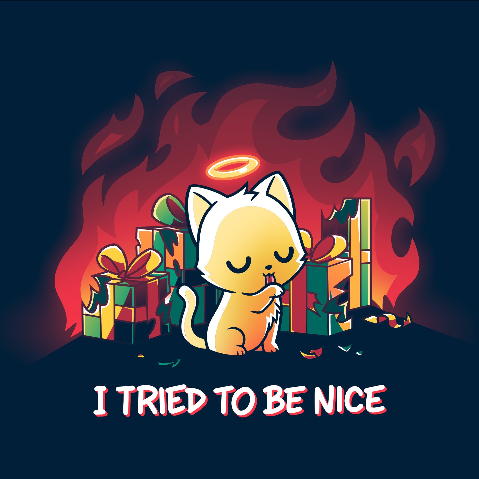 Long Neck T-shirt_TeeTurtle I Tried to be Nice navy blue t-shirt featuring a cute orange cat with a halo that sits innocently beside torn christmas gift boxes, while a red fiery background contrasts with the text that says "I TRIED TO BE NICE" below. 