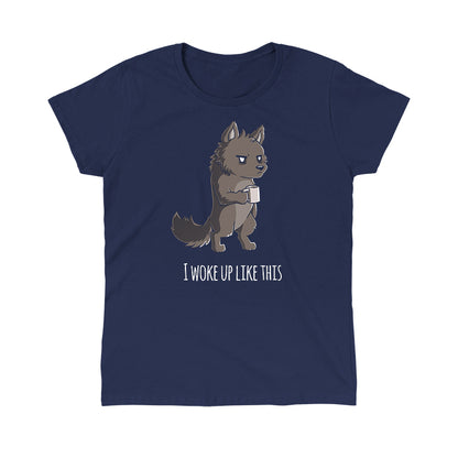 Classic Cotton T-shirt_TeeTurtle navy blue I Woke Up Like This. Featuring a grumpy werewolf holding a cup of coffee.