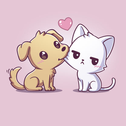 Classic Cotton T-shirt_TeeTurtle light pink I Woof You apparel featuring a dog tugging on a grumpy cat's cheek with its mouth.