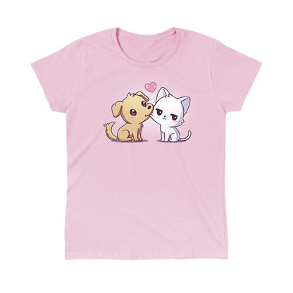 Classic Cotton T-shirt_TeeTurtle light pink I Woof You apparel featuring a dog tugging on a grumpy cat's cheek with its mouth.