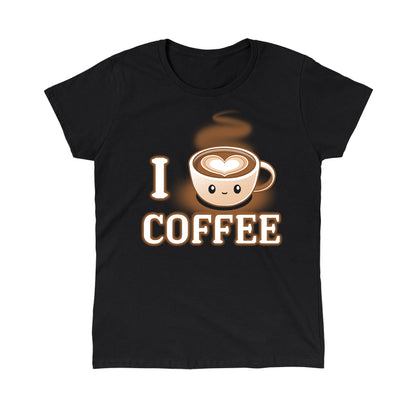 Classic Cotton T-shirt_TeeTurtle I <3 Coffee black t-shirt featuring a coffee cup with a smiling face and a heart-shaped design in the foam, accompanied by the text "I <3 Coffee."