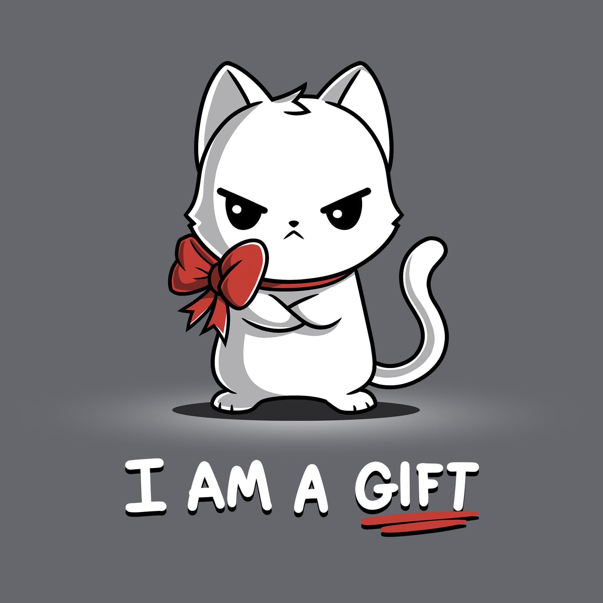 Classic Cotton T-shirt_TeeTurtle I Am a Gift charcoal gray t-shirt featuring an annoyed white cat with a red bow around its neck. The text below reads "I AM A GIFT."