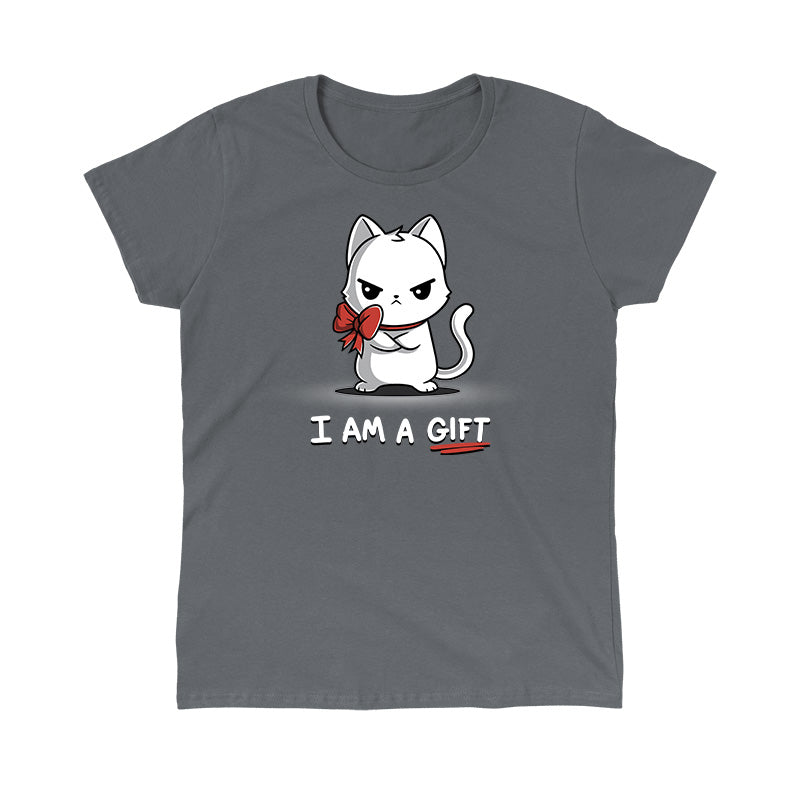 Classic Cotton T-shirt_TeeTurtle I Am a Gift charcoal gray t-shirt featuring an annoyed white cat with a red bow around its neck. The text below reads "I AM A GIFT."