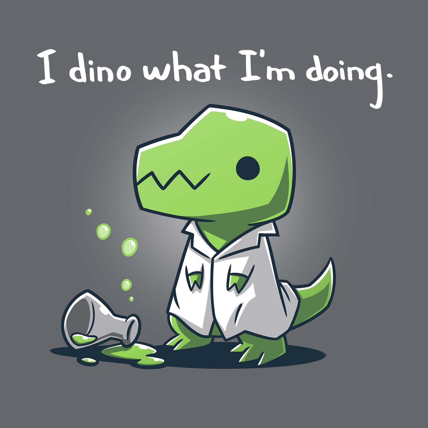 Classic Cotton T-shirt_TeeTurtle I Dino What I'm Doing charcoal grey t-shirt featuring a dinosaur wearing a lab coat with a spilled beaker.