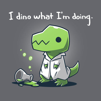 Classic Cotton T-shirt_TeeTurtle I Dino What I'm Doing charcoal grey t-shirt featuring a dinosaur wearing a lab coat with a spilled beaker.