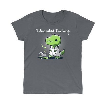 Classic Cotton T-shirt_TeeTurtle I Dino What I'm Doing charcoal grey t-shirt featuring a dinosaur wearing a lab coat with a spilled beaker.