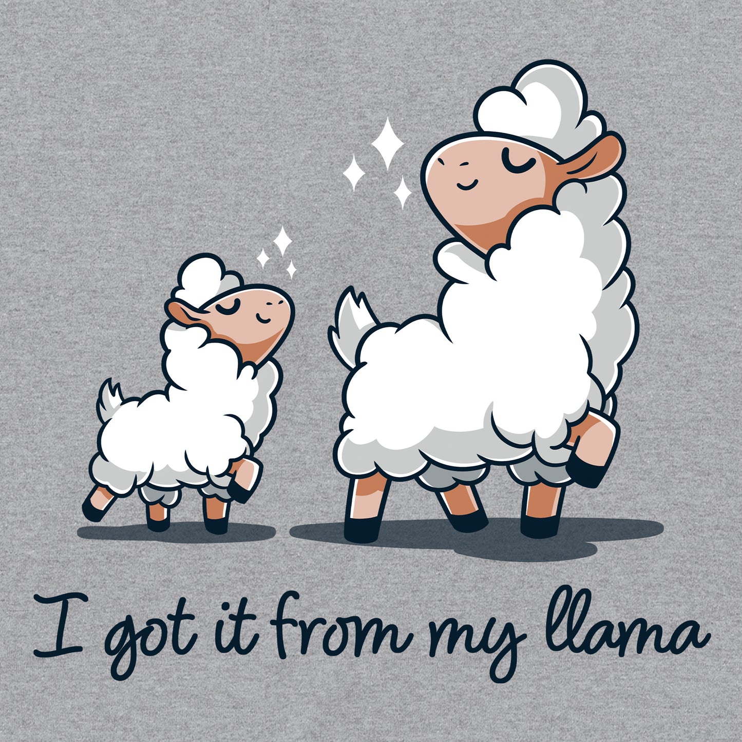 Classic Cotton T-shirt_Teeturtle I Got It From my Llama heather gray t-shirt featuring a little white llama and her mama llama both strutting their stuff happily with the pun filled sentence 'I got it from my Llama' beneath.