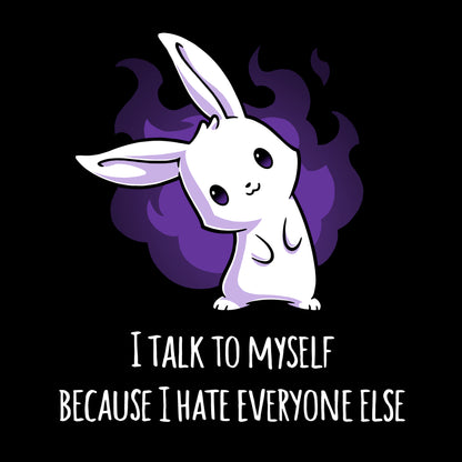 Classic Cotton T-shirt_TeeTurtle I Hate Everyone black t-shirt featuring a white bunny with a mischievous expression standing in front of a purple flame. Text below reads, "I talk to myself because I hate everyone else."