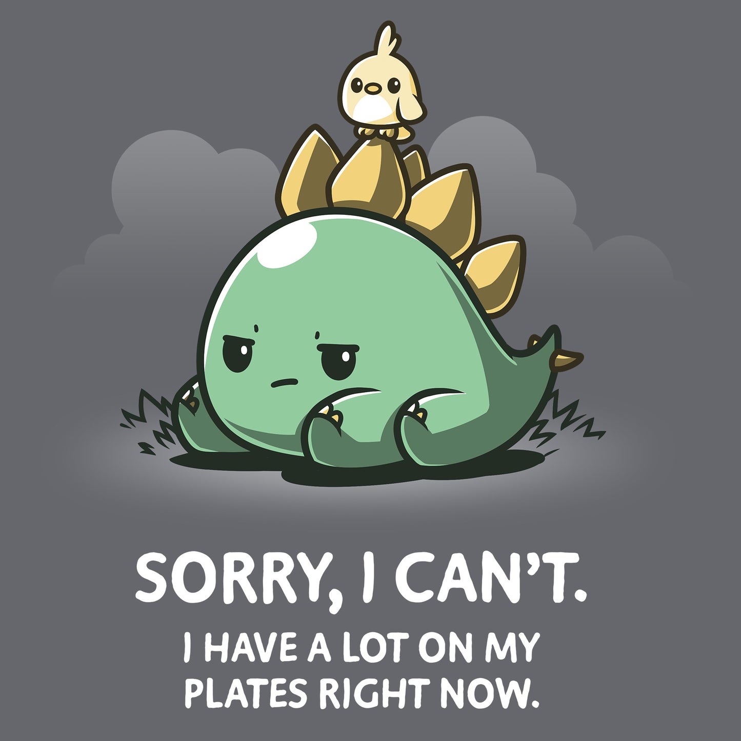 Classic Cotton T-shirt_TeeTurtle I Have A Lot On My Plates charcoal gray t-shirt featuring a grumpy stegosaurus dinosaur lying on the ground with a cute bird on its plates with a pun underneath.