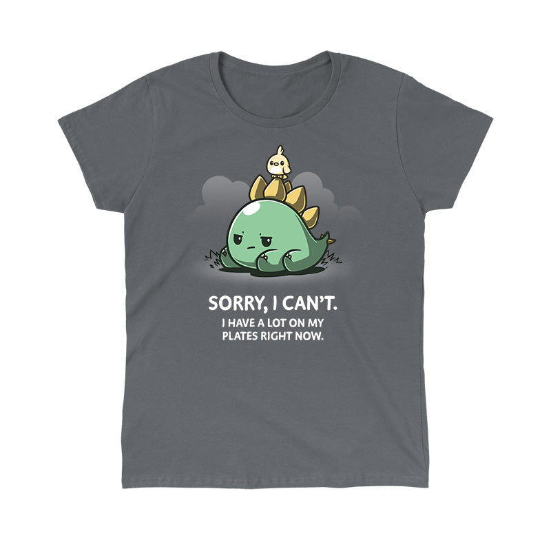 Classic Cotton T-shirt_TeeTurtle I Have A Lot On My Plates charcoal gray t-shirt featuring a grumpy stegosaurus dinosaur lying on the ground with a cute bird on its plates with a pun underneath.