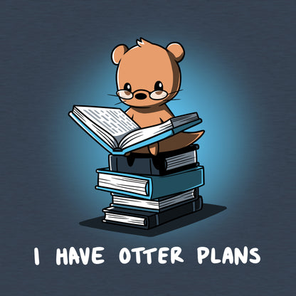 Classic Cotton T-shirt_Teeturtle I Have Otter Plans heather navy t-shirt featuring a studious-looking otter in reading glasses sitting on a pile of books while reading one with 'I Have Otter Plans' written below.