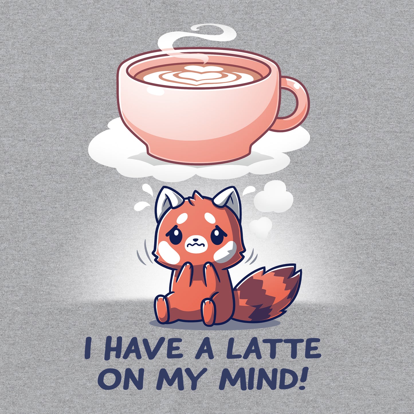 Classic Cotton T-shirt_Teeturtle I Have a Latte on My Mind heather gray t-shirt featuring a cute red panda with a thought bubble showing a latte and the text "I have a latte on my mind!"