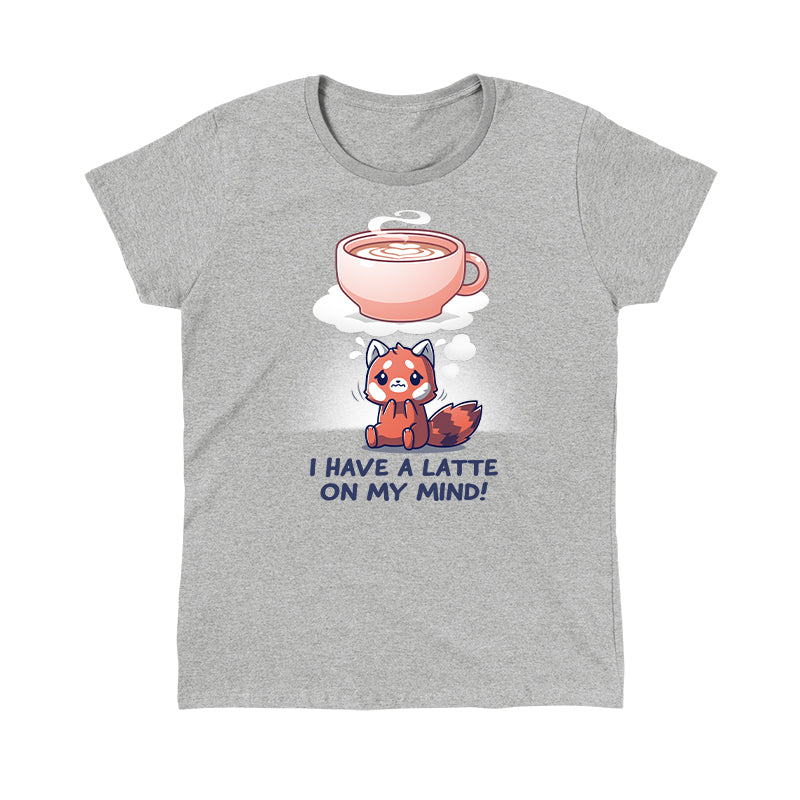 Classic Cotton T-shirt_Teeturtle I Have a Latte on My Mind heather gray t-shirt featuring a cute red panda with a thought bubble showing a latte and the text "I have a latte on my mind!"